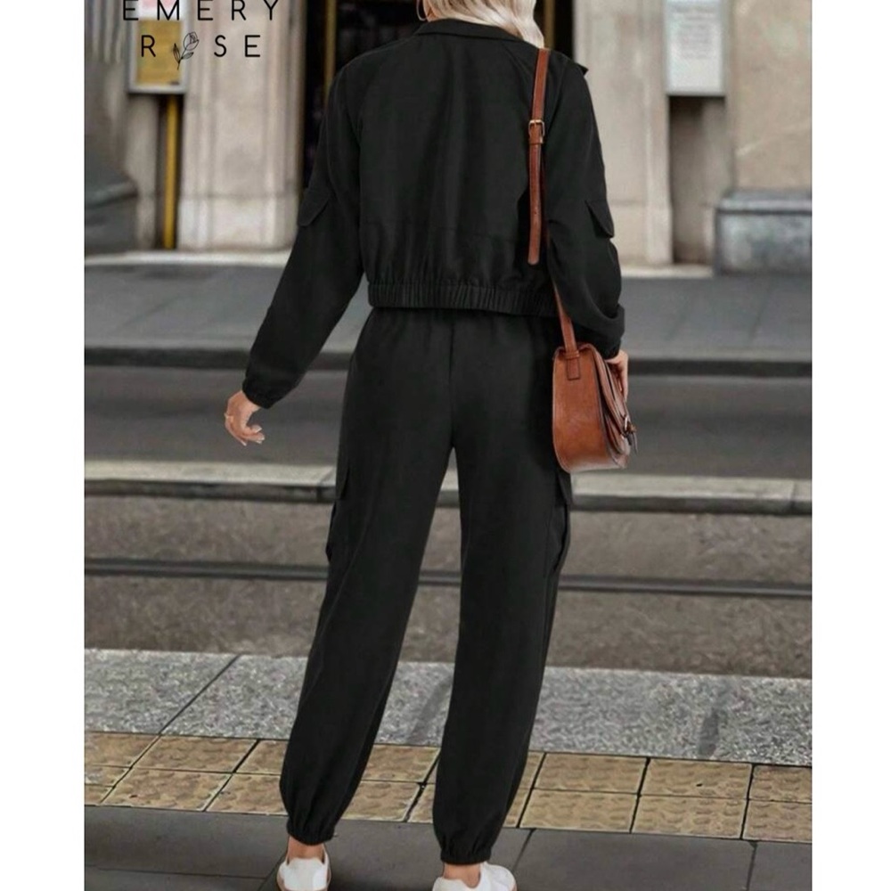2pcs Women’s Solid Color Casual Long Sleeve Single-Breasted Jacket And Pant Set - Picture 2 of 4